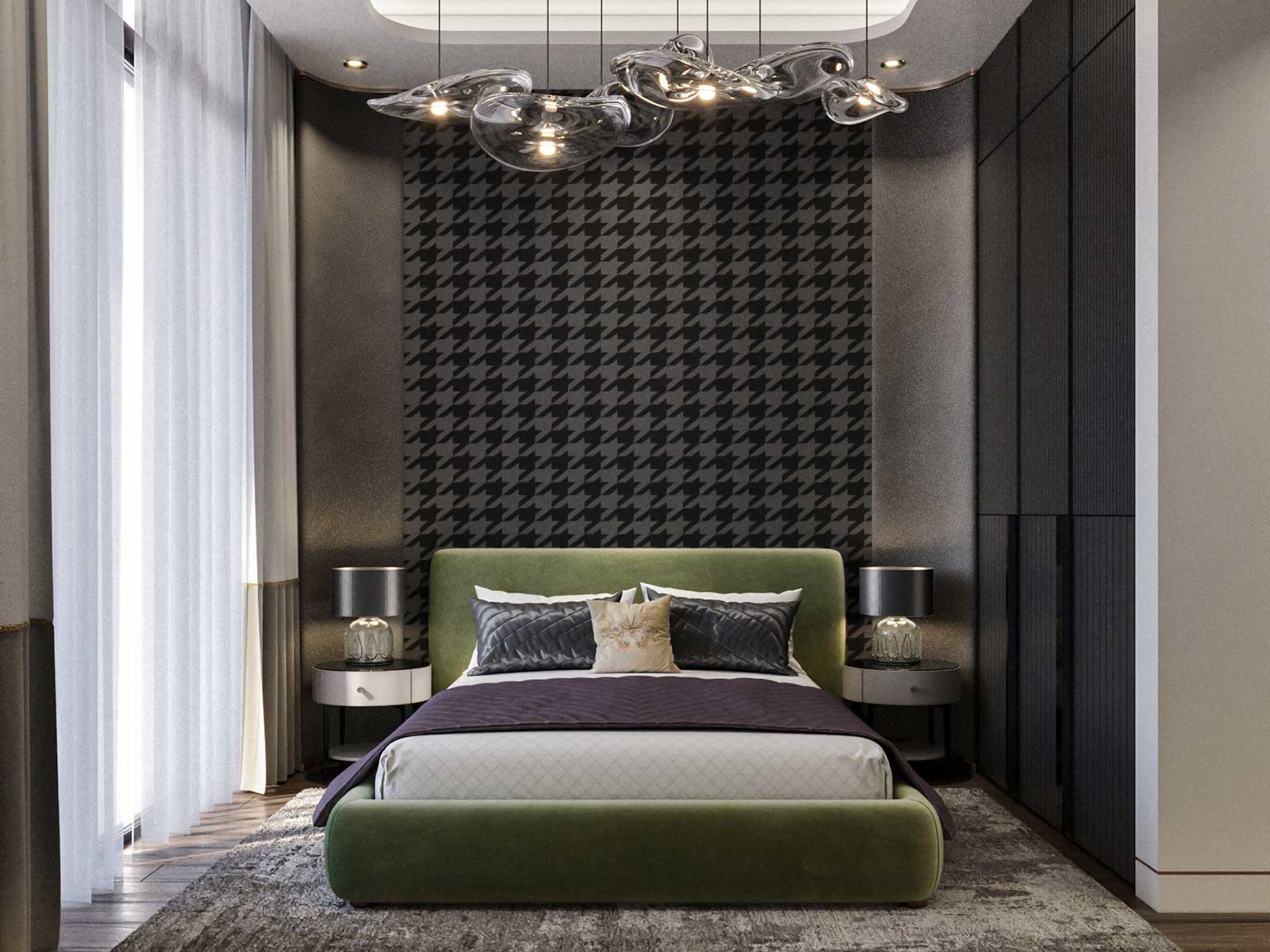 AF Villa guest room with red onyx, gray marble, and warm brass framing