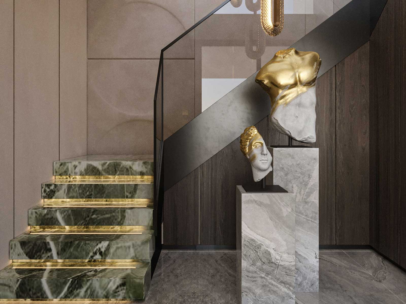 AF Villa entrance stair hall with green marble and brass inlays