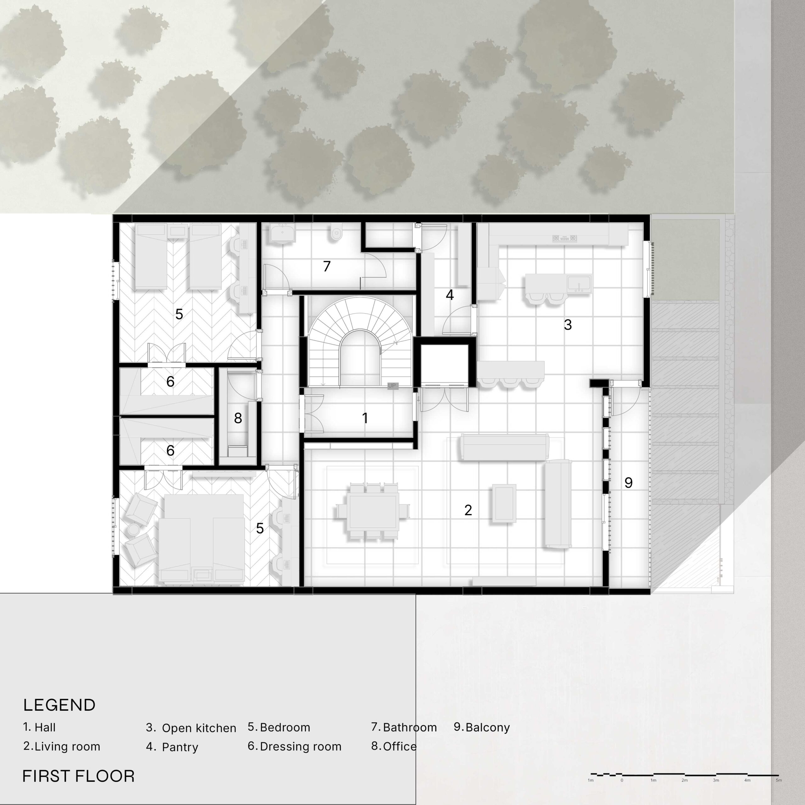 A.H Villa 1st floor plan layout and vertical zoning strategy