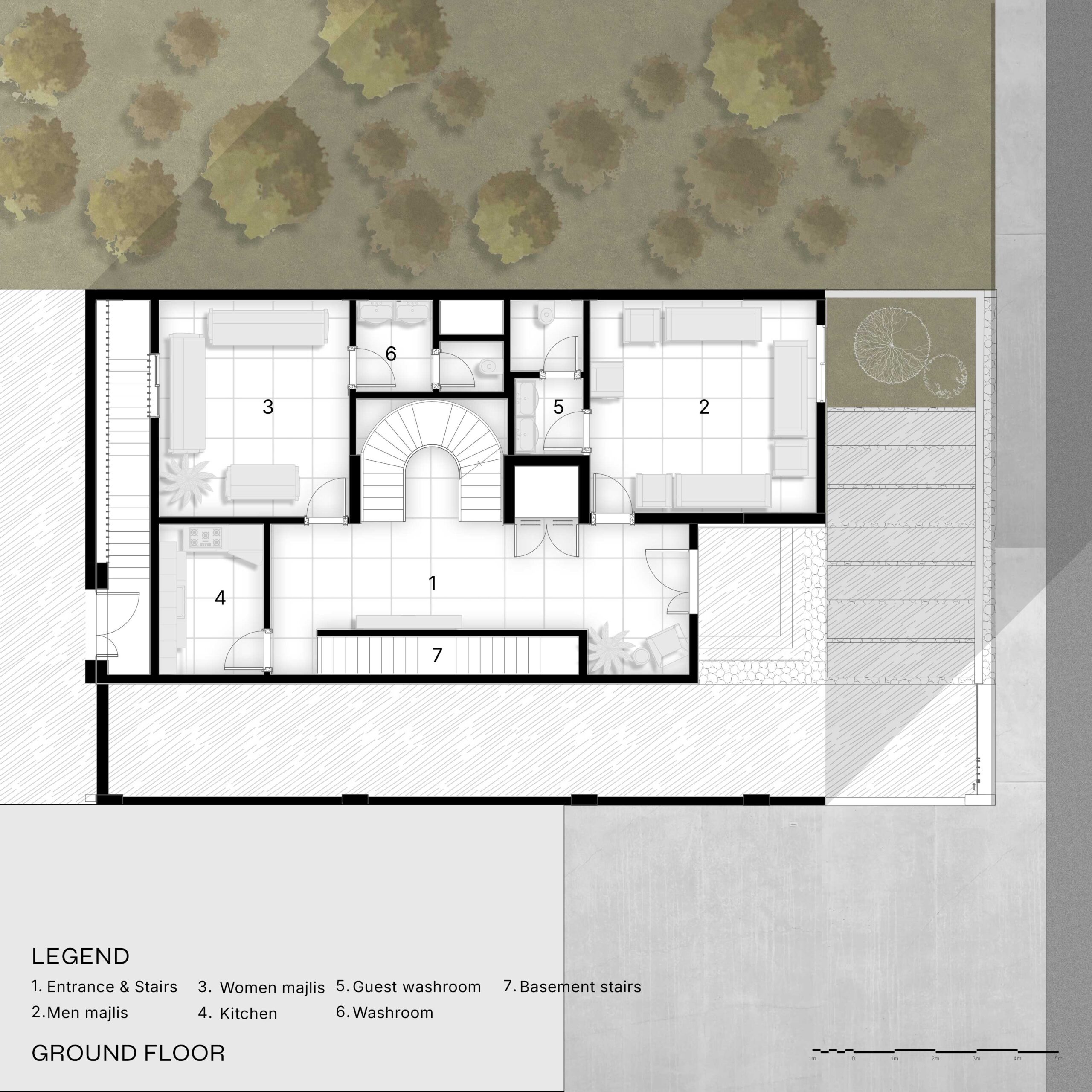A.H Villa Ground floor plan layout and vertical zoning strategy