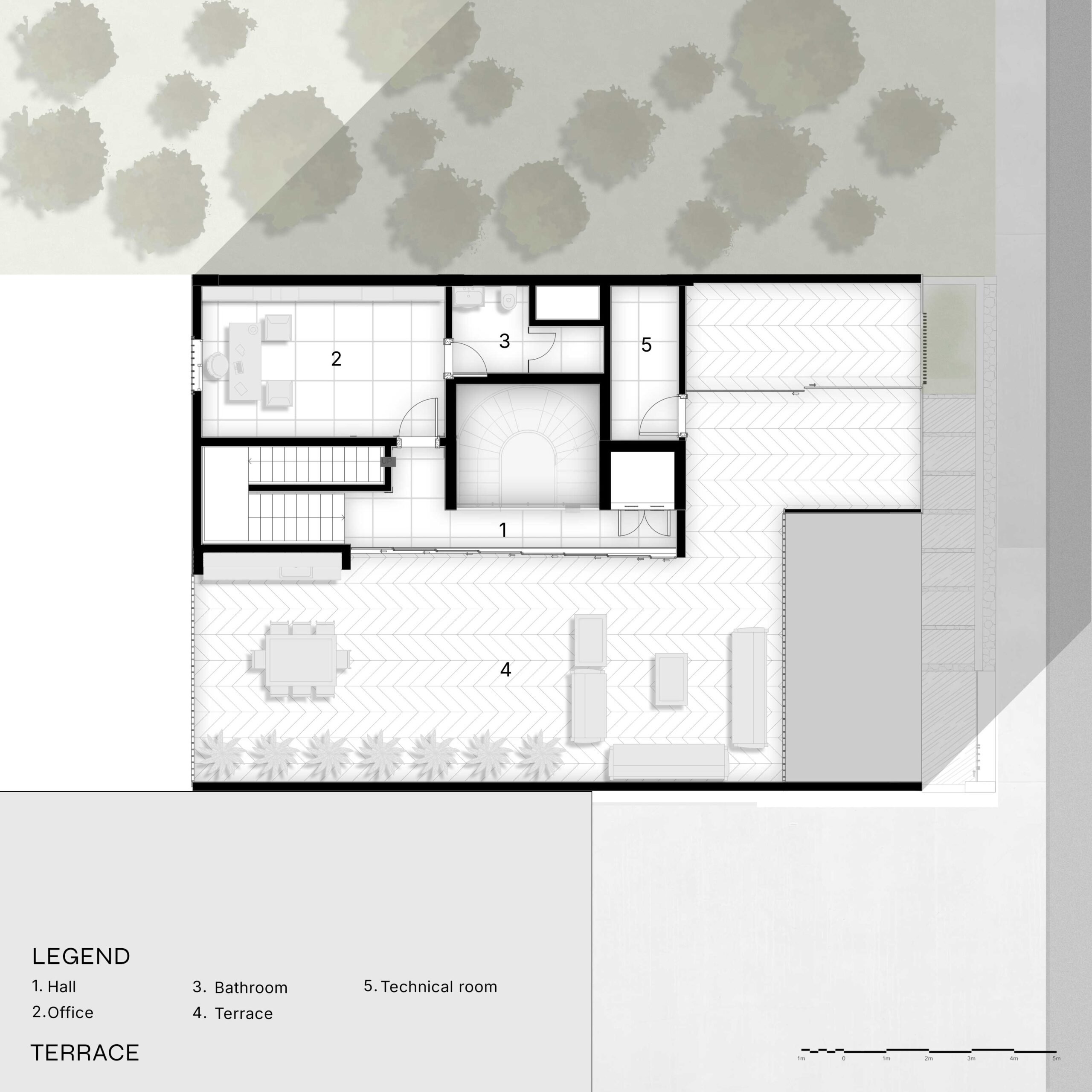 A.H Villa terrace floor plan layout and vertical zoning strategy