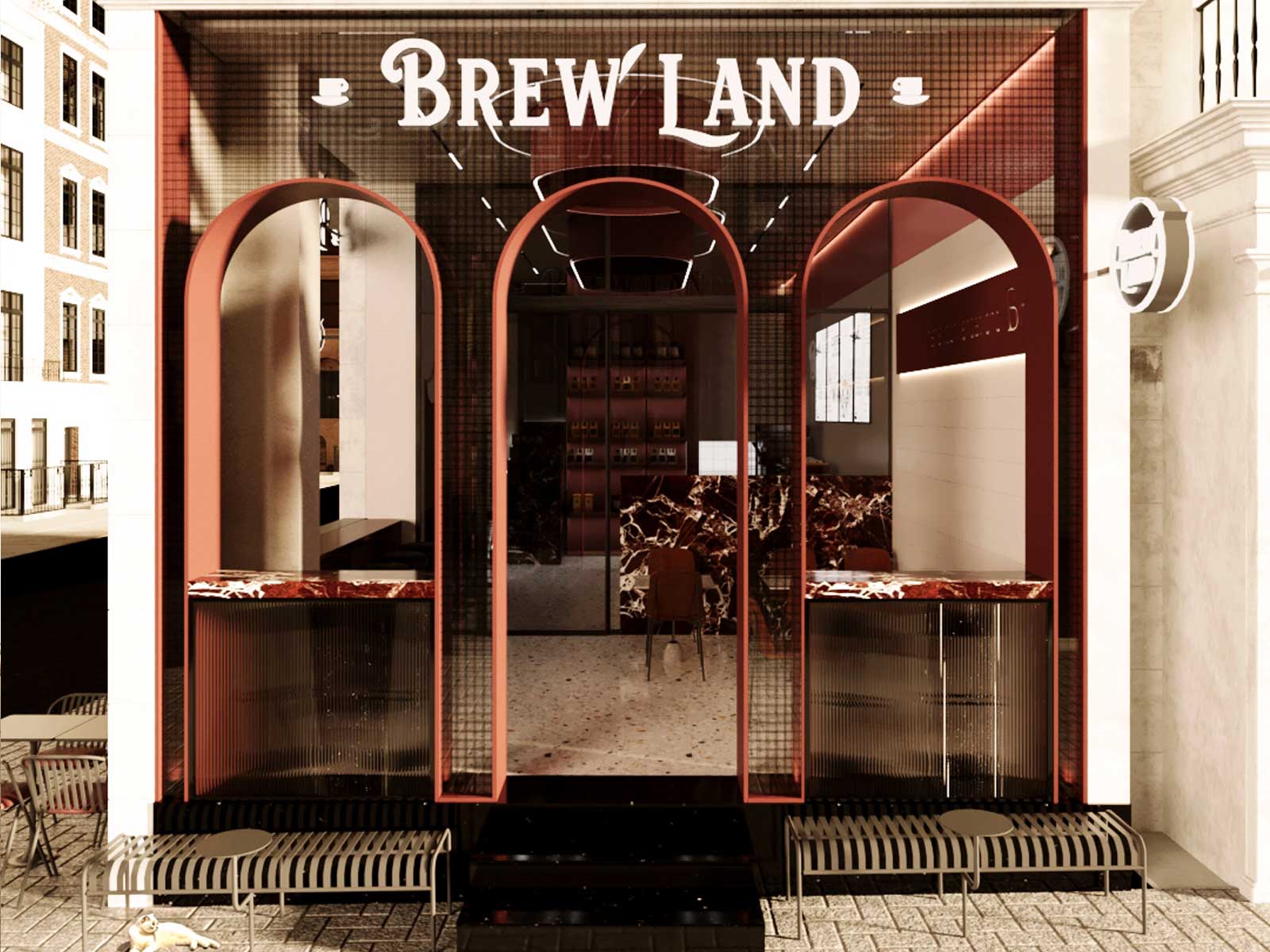 Brew Land Café branding details integrated into the interior