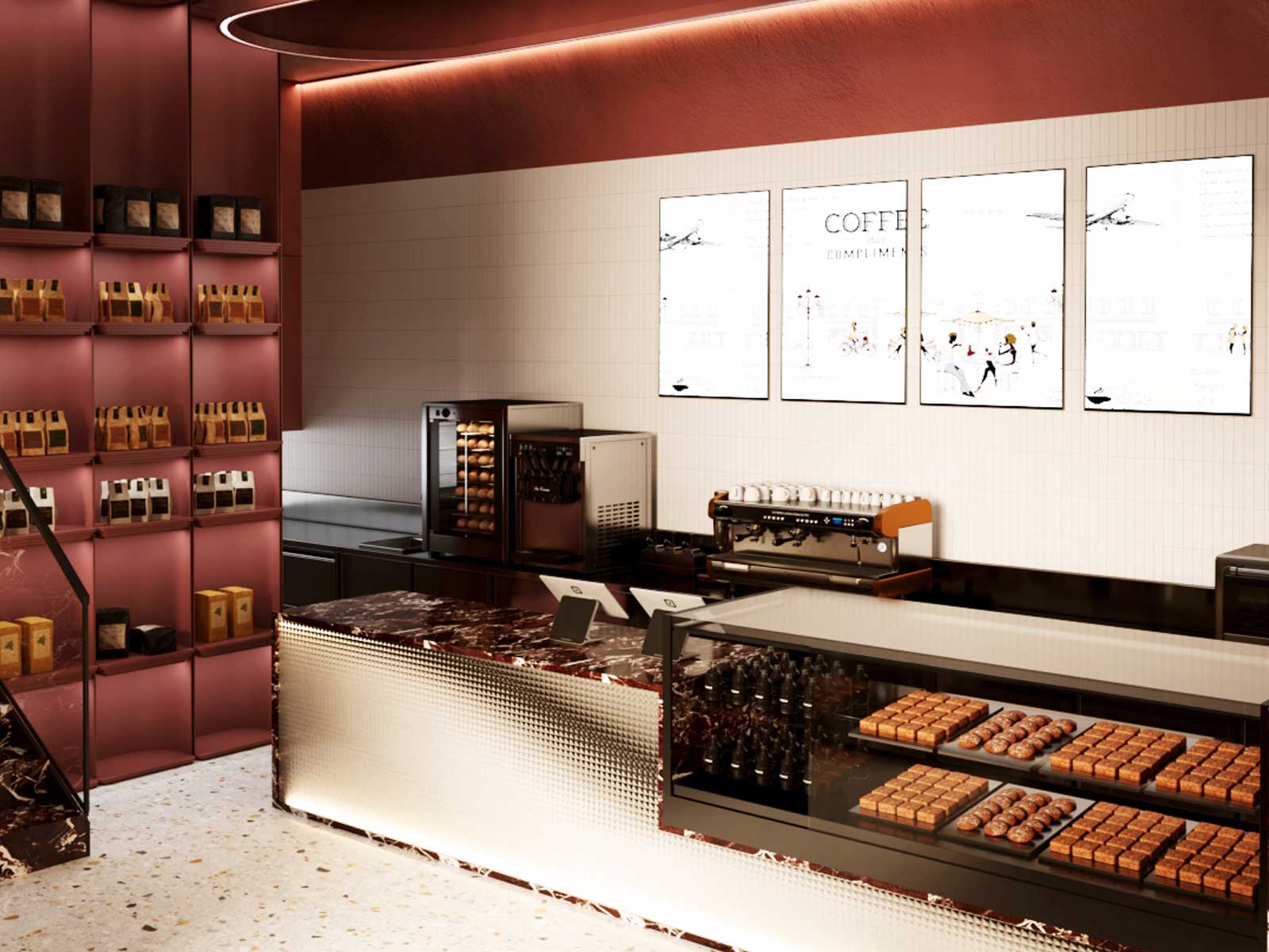 Brew Land Café terrazzo flooring and warm material palette