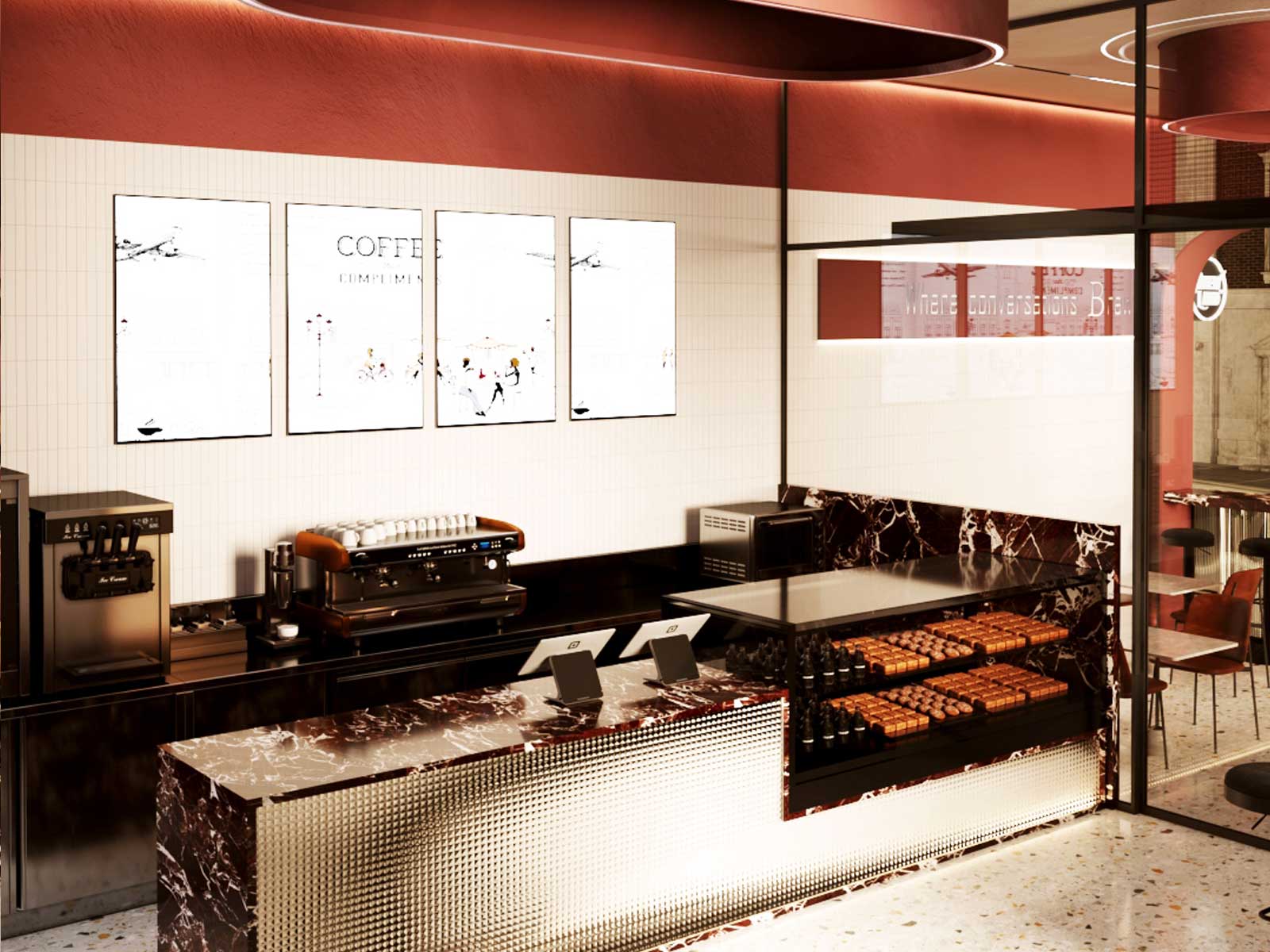 Brew Land Café arched frames inspired by Ottoman motifs