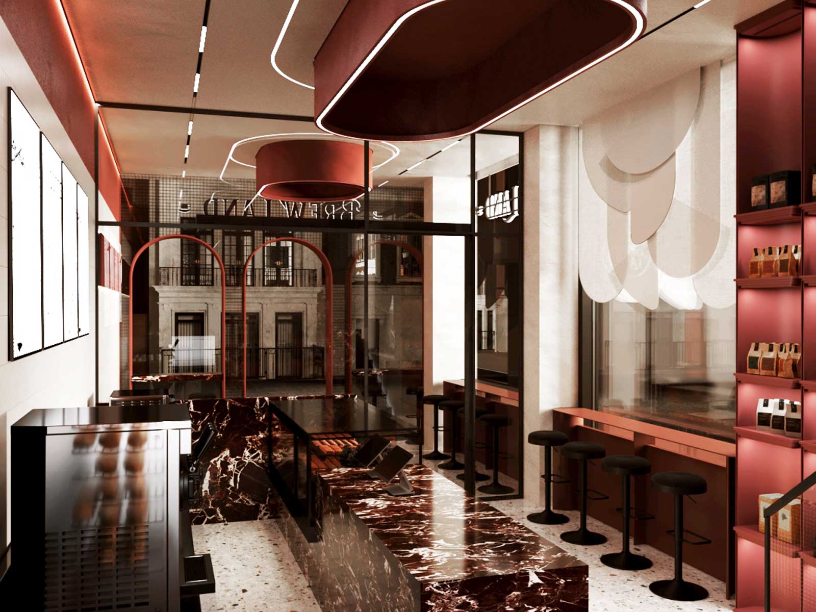 Brew Land Café red marble counter with white veining