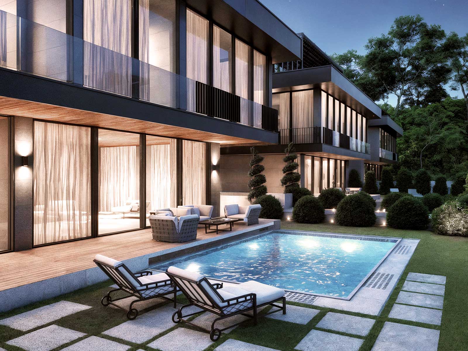 Tutku Premium Villas facade with light plaster natural stone and wood accents