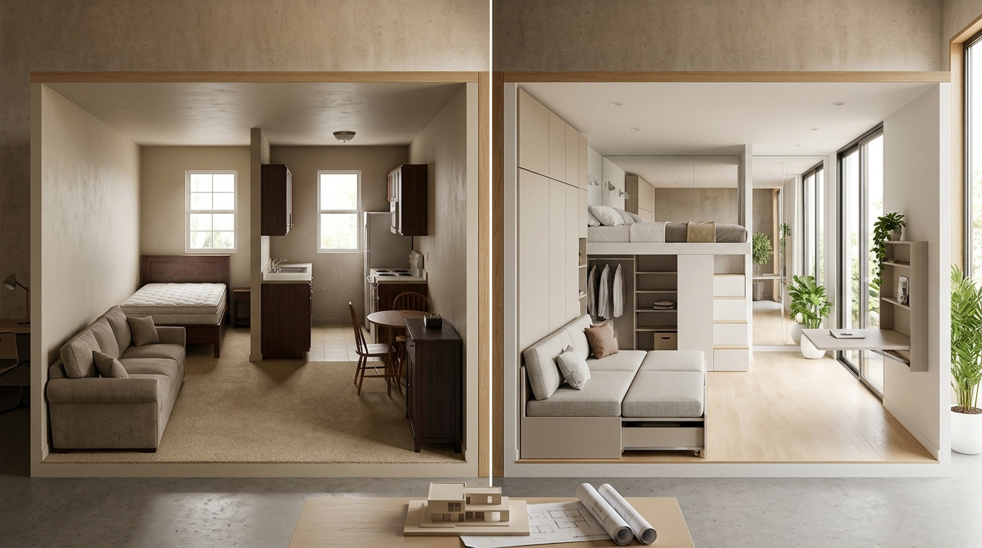 Comparison infographic of traditional vs small space architecture layouts