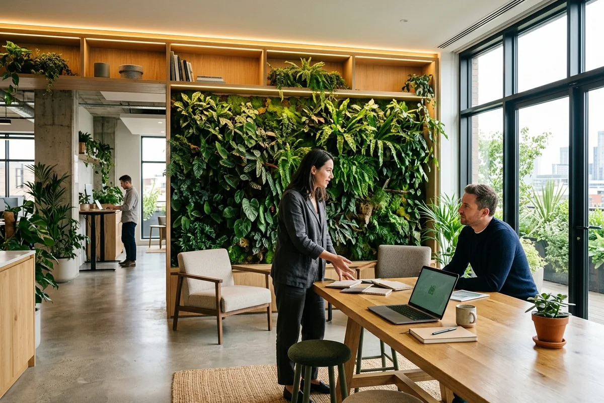 eco-friendly interior design options with living wall and LED lighting in commercial office space
