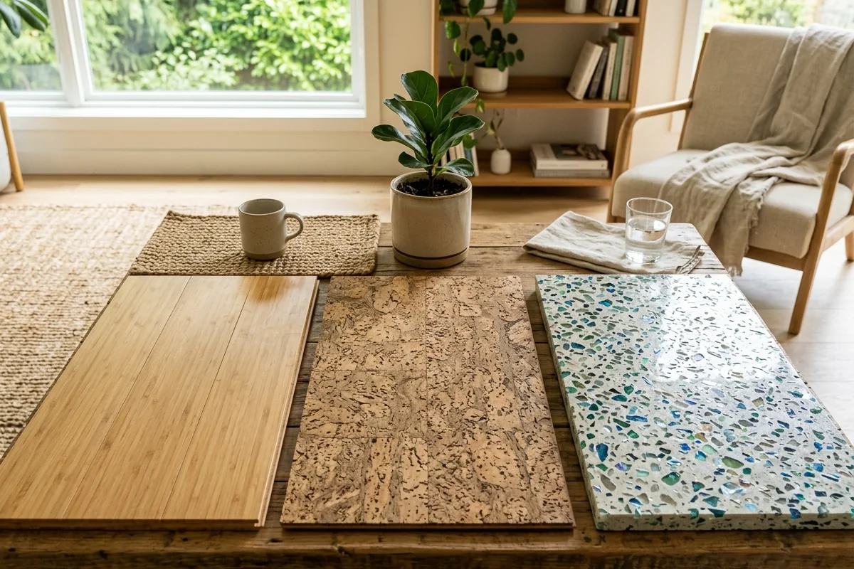 eco-friendly interior design options comparison showing bamboo flooring cork and recycled glass surfaces