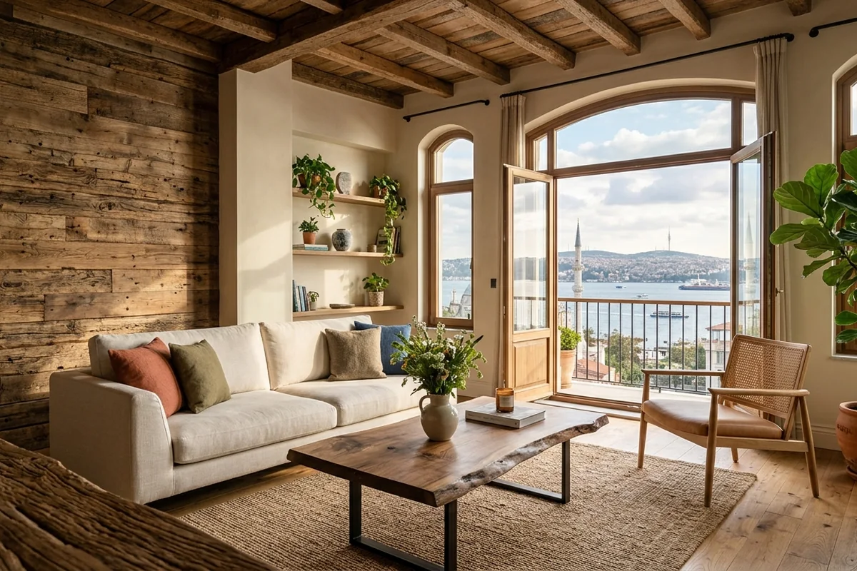 eco-friendly interior design options using reclaimed wood and natural materials in Istanbul villa