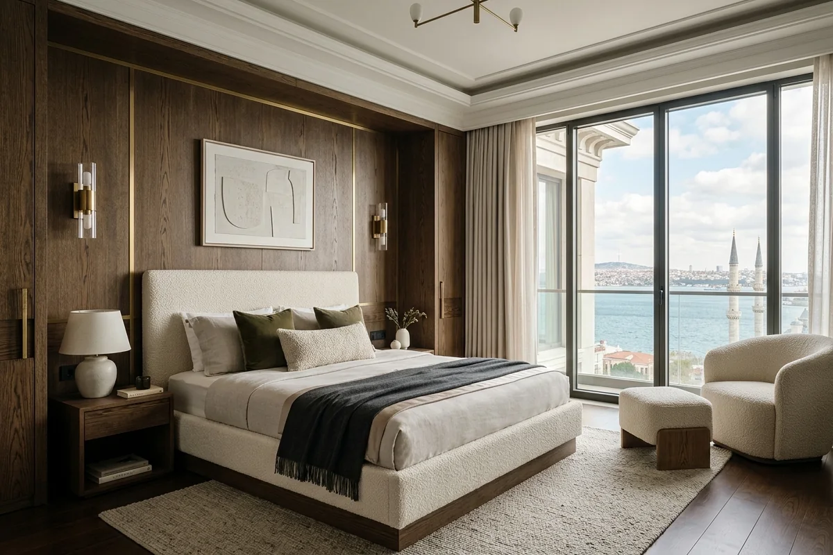 Furniture trends for luxury homes in Istanbul shown in a master bedroom with smoked oak and bouclé