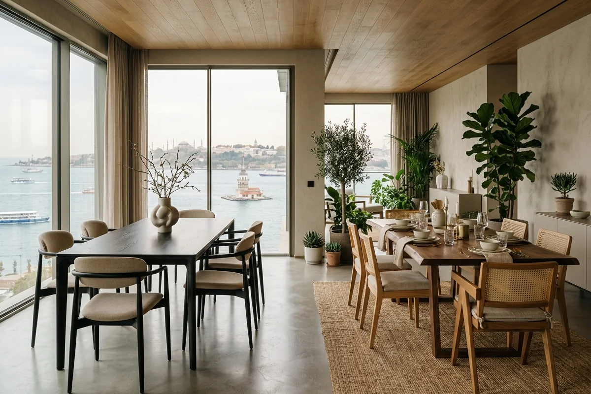 Furniture trends for luxury homes in Istanbul comparing minimalist and biophilic dining room styles