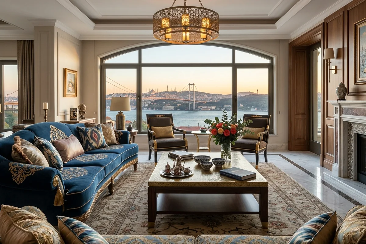 Furniture trends for luxury homes in Istanbul featuring Neo-Ottoman fusion living room design