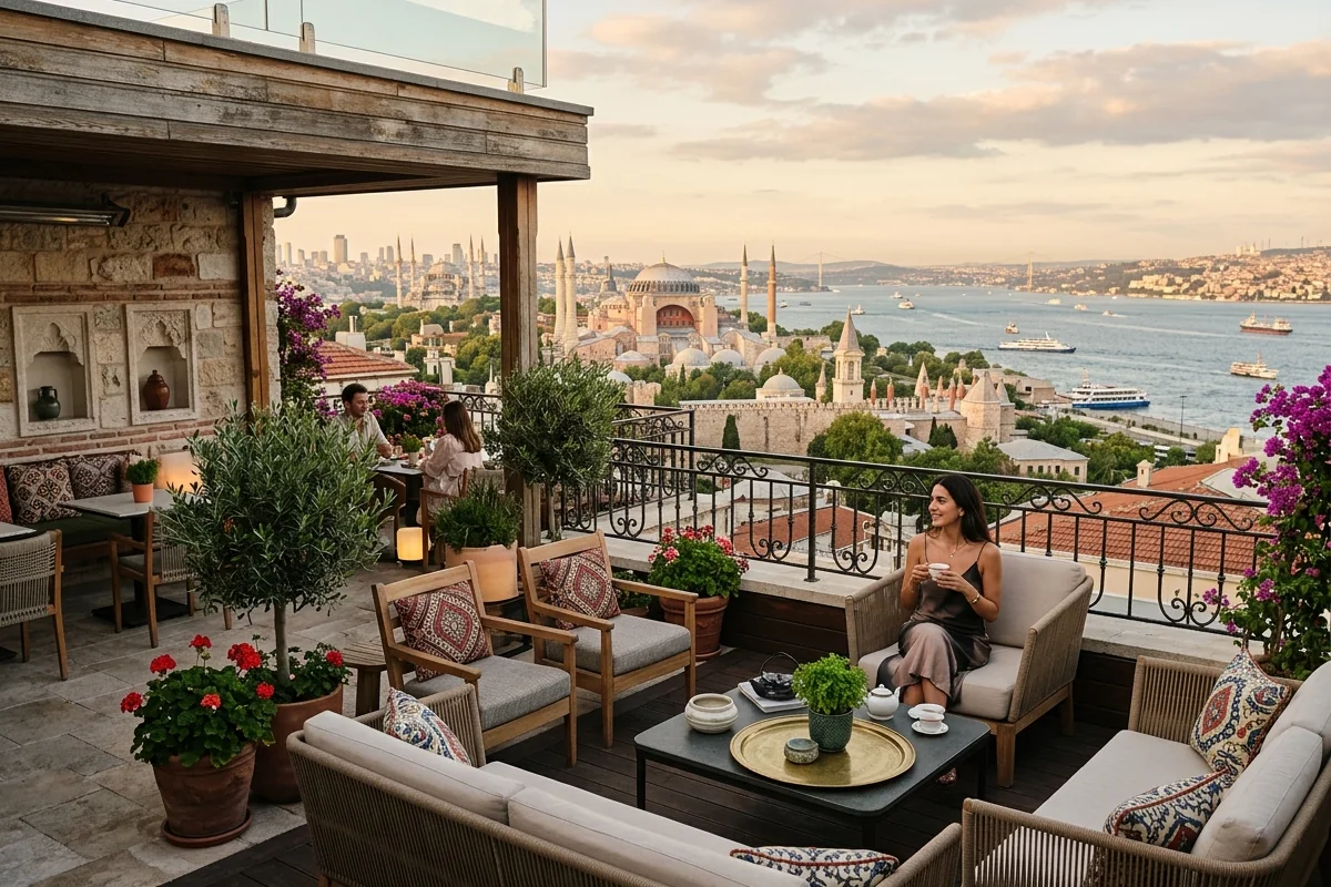 Rooftop terrace with Bosphorus view exemplifying Istanbul boutique hotel architecture design
