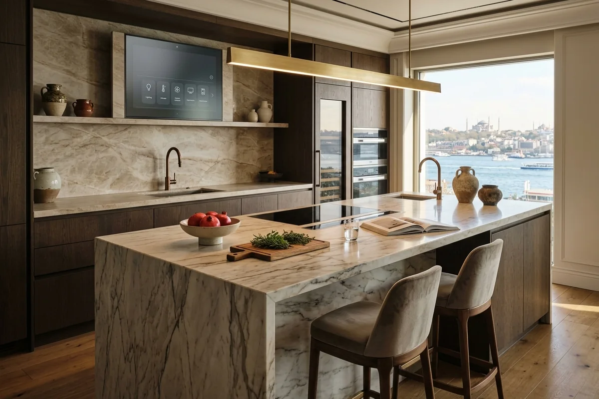 Istanbul high-end home interior design bespoke kitchen with natural stone and smart home integration