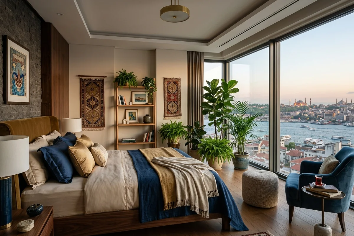Istanbul high-end home interior design master bedroom with biophilic elements and panoramic city views
