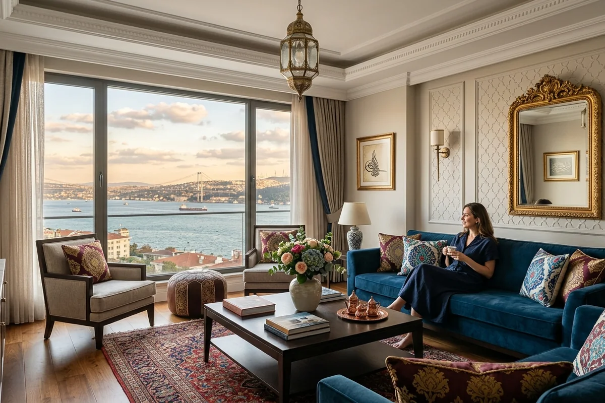 Istanbul high-end home interior design featuring Ottoman-inspired living room with Bosphorus views