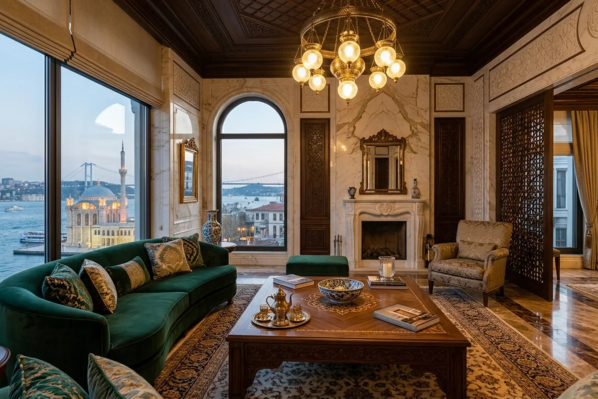 Luxury interior design ideas for Istanbul homes featuring Ottoman-inspired marble living room