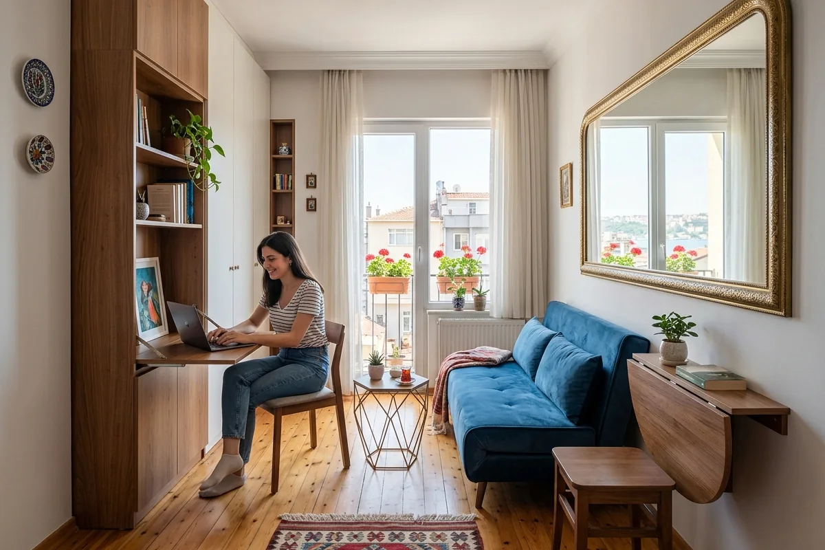 Maximizing space in small Istanbul apartments with multi-functional furniture and mirror elements Maximizing space in small Istanbul apartments with multi-functional furniture and mirror elements