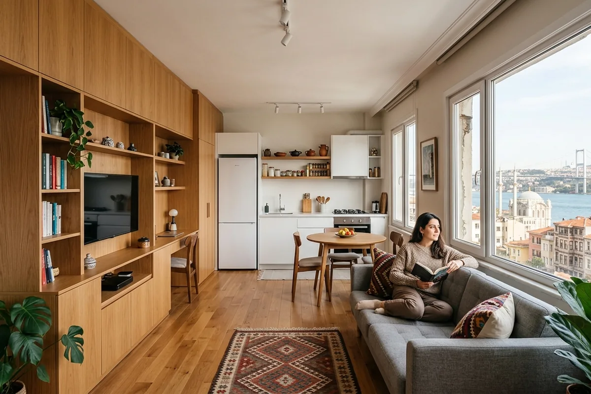 Maximizing space in small Istanbul apartments with built-in cabinetry and open-plan layout