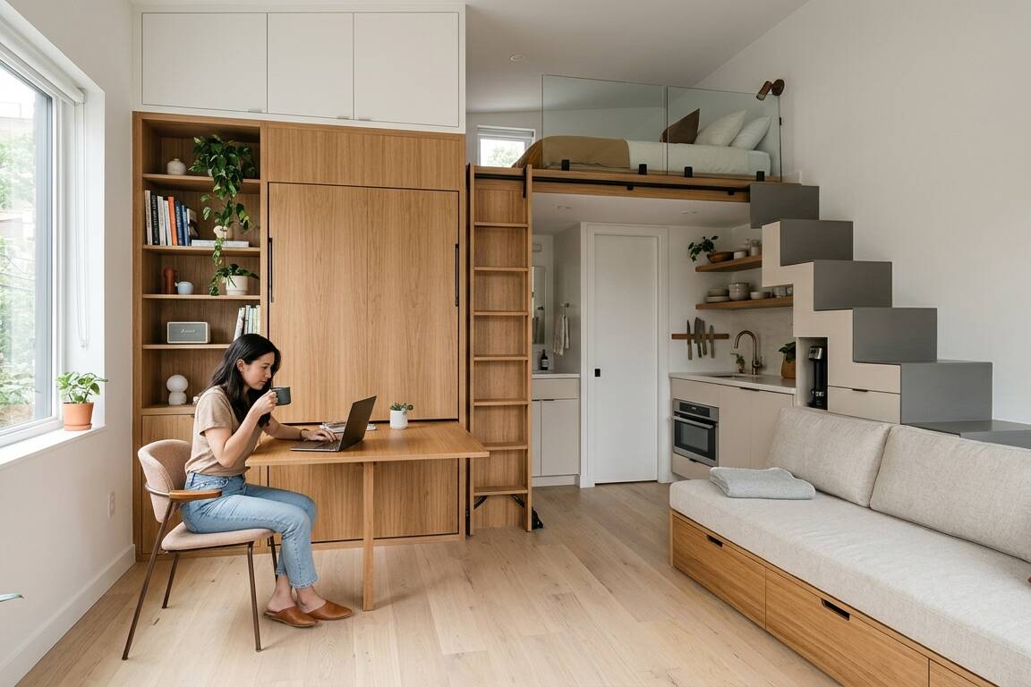 Modern compact living room featuring innovative small space architecture solutions