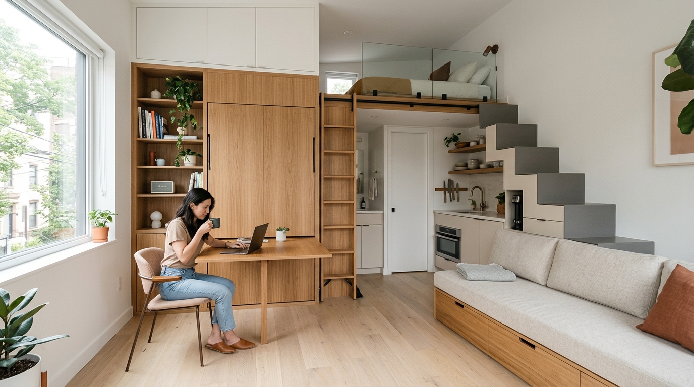 Modern compact living room featuring innovative small space architecture solutions