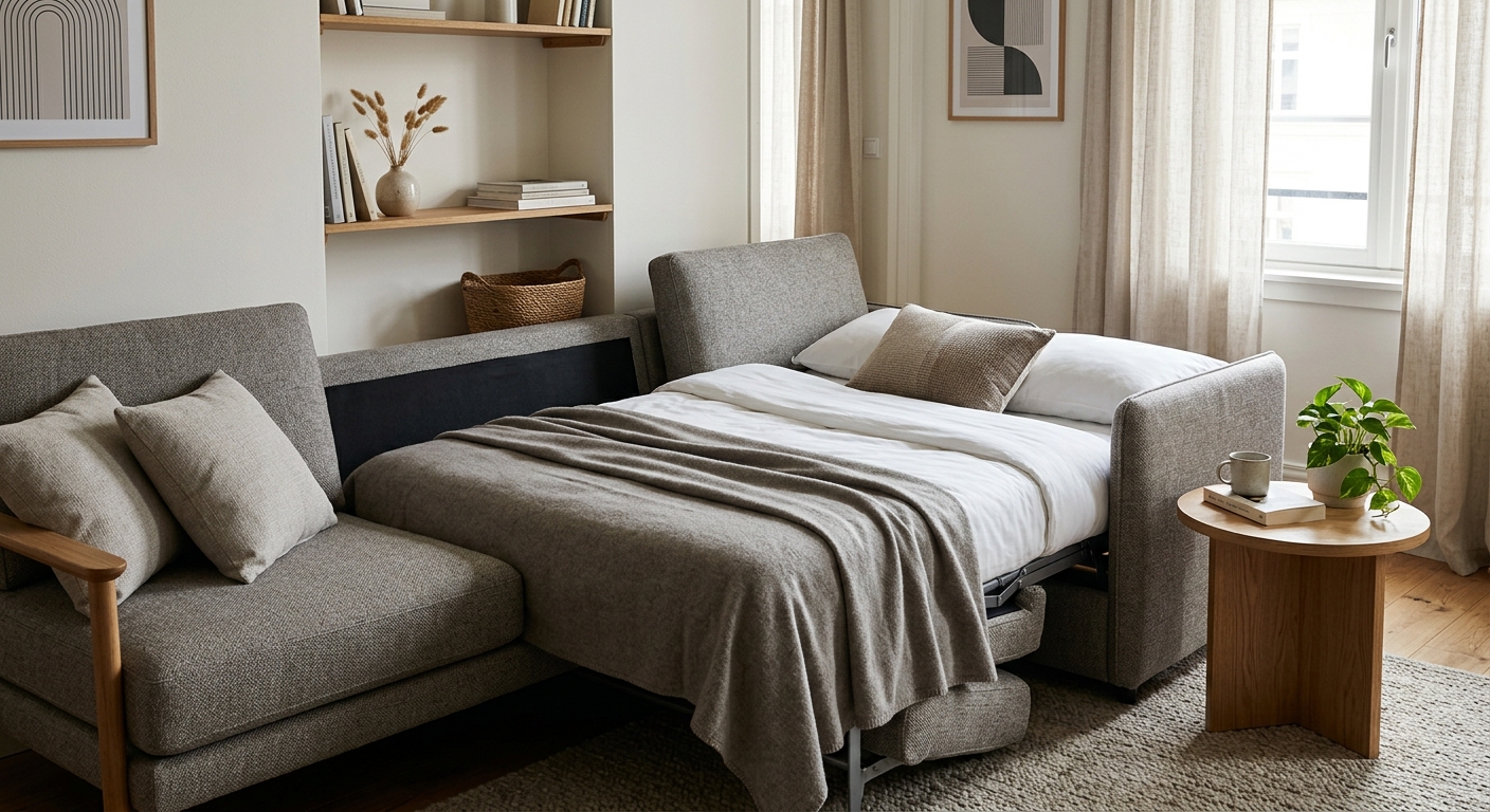 Multifunctional furniture in a compact room demonstrating small space architecture principles
