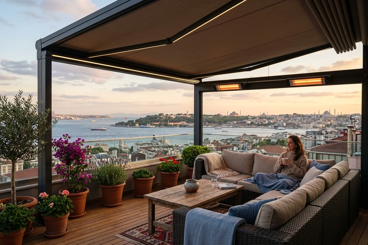 Outdoor living spaces for Istanbul's climate – rooftop terrace with retractable awning and infrared heating