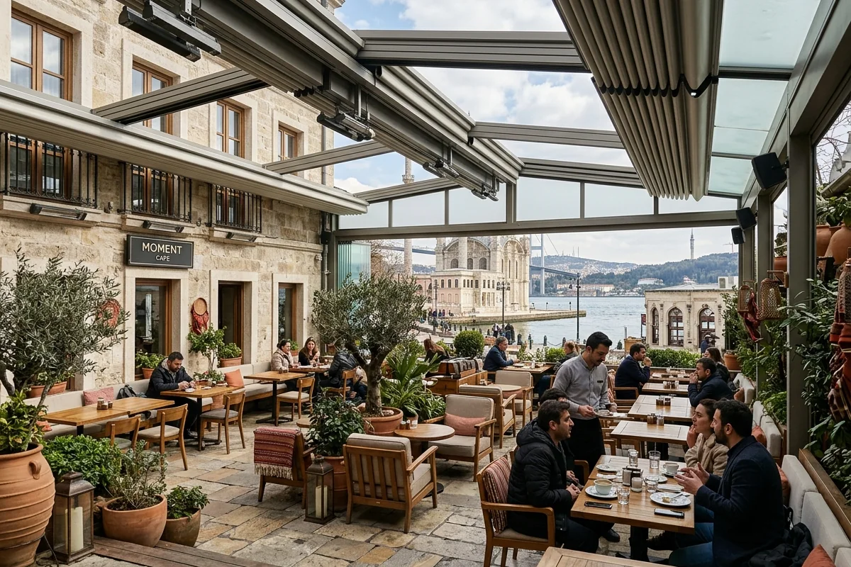 Outdoor living spaces for Istanbul's climate – commercial courtyard with year-round retractable roof system