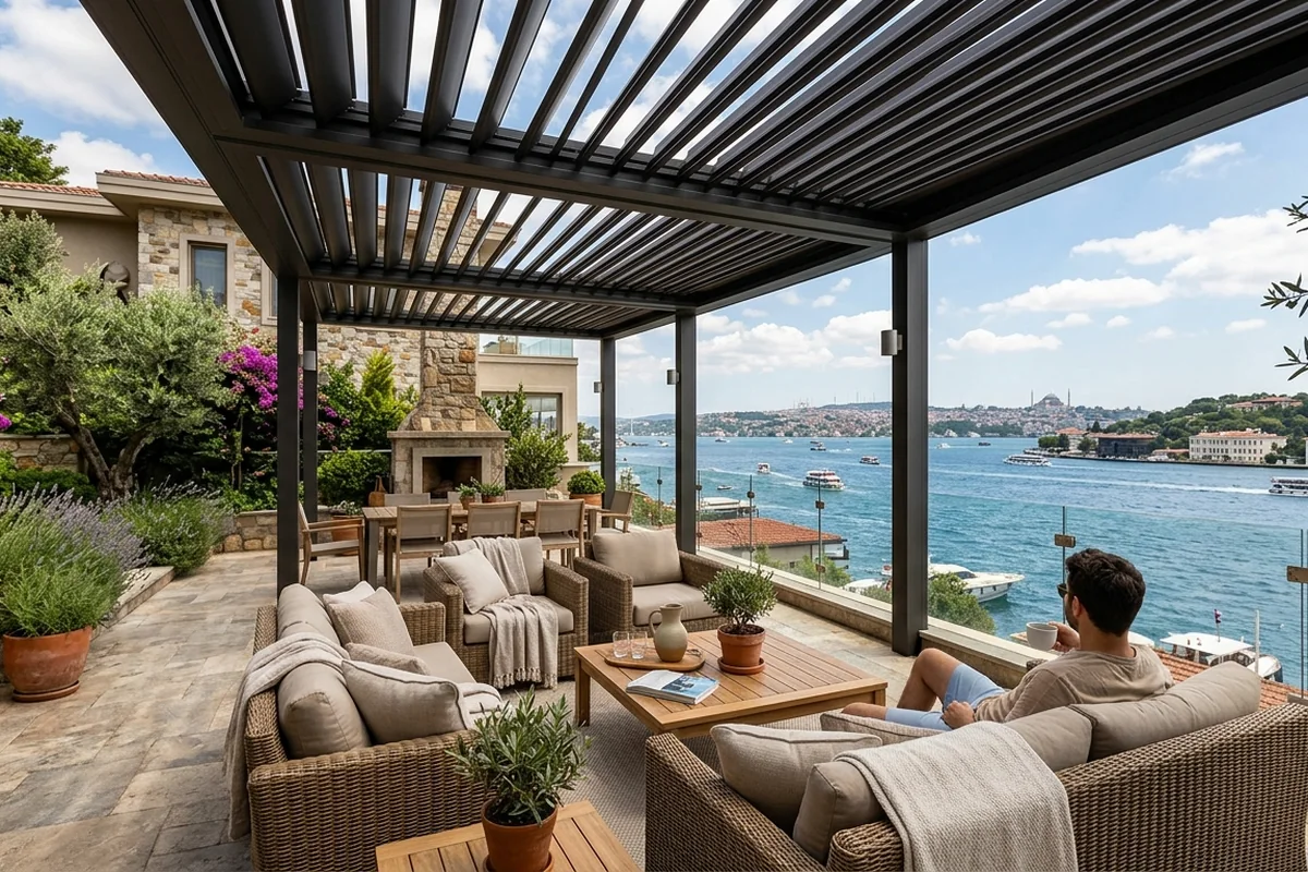 Outdoor living spaces for Istanbul's climate – Bosphorus villa terrace with louvered pergola