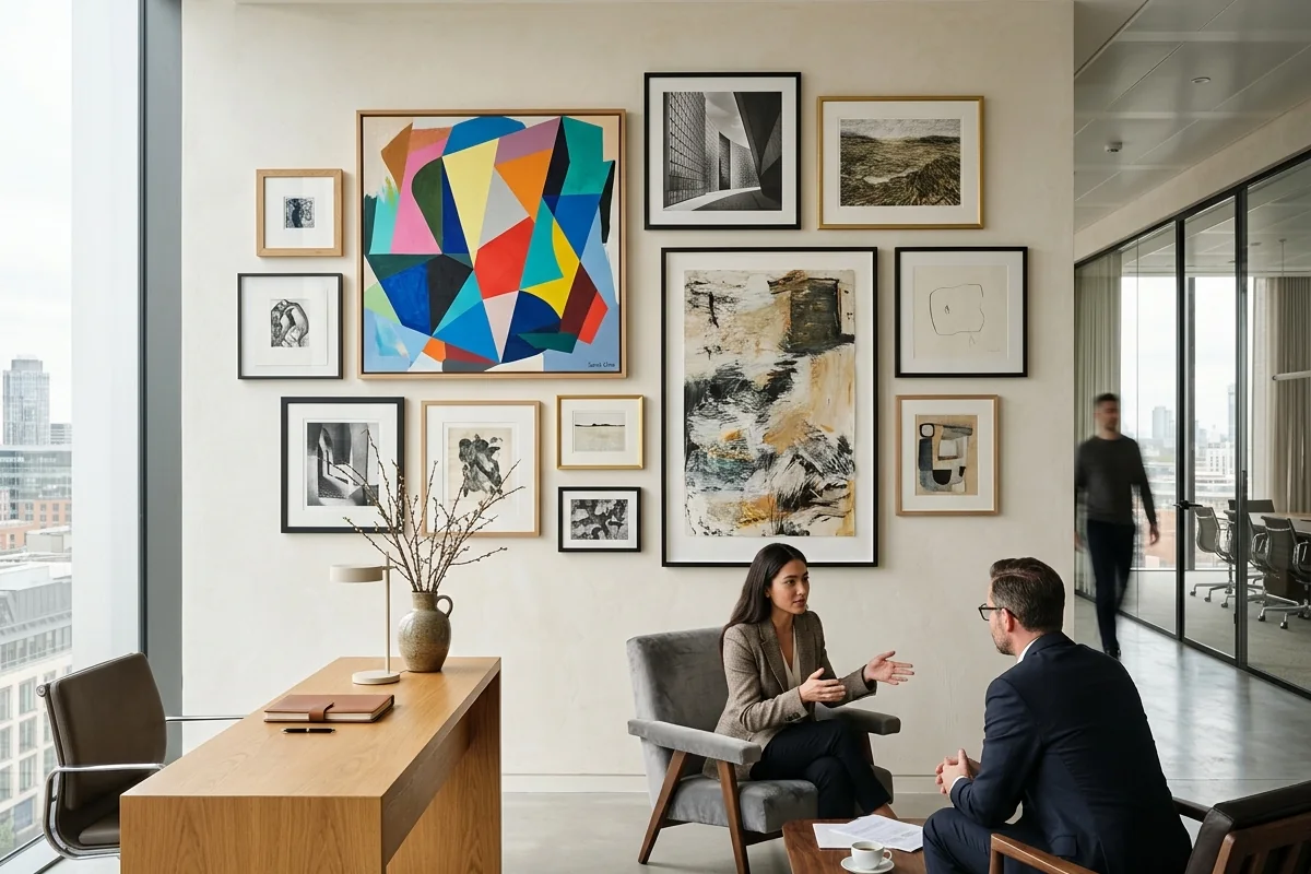 The role of art in high-end interior design — curated gallery wall in a premium commercial office