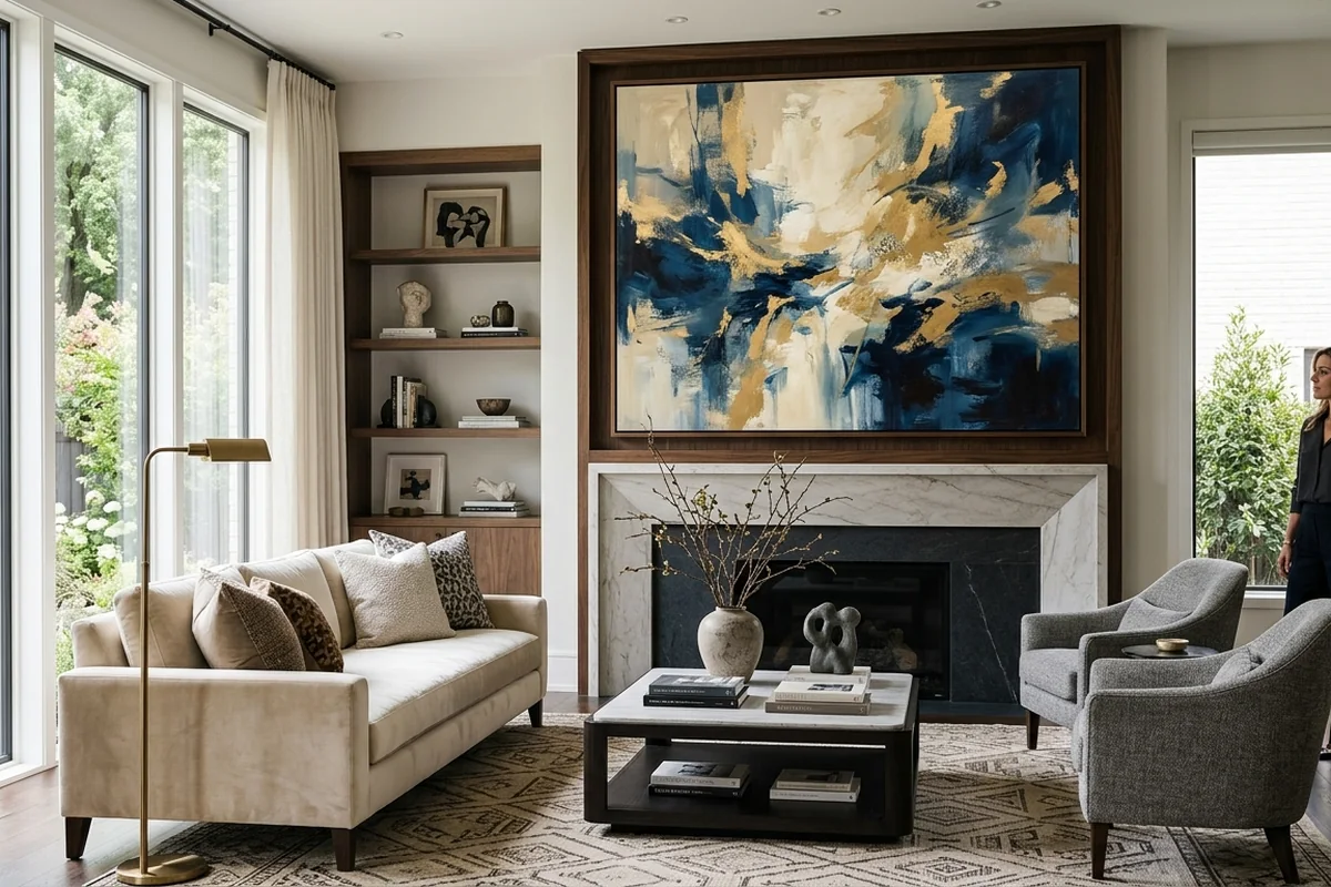 The role of art in high-end interior design — large-format canvas anchoring a luxury living room