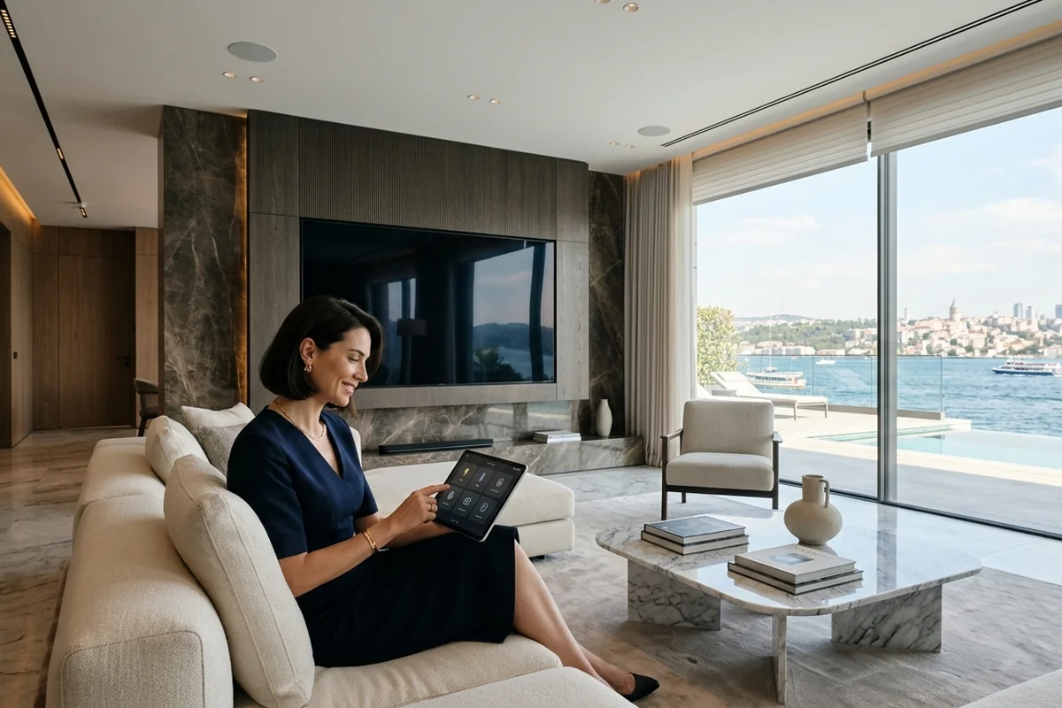 Smart home technology for luxury interiors in a modern Istanbul villa living room