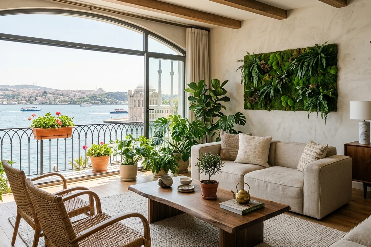 Sustainable luxury: Eco-friendly interior design in Istanbul — biophilic living room with natural materials