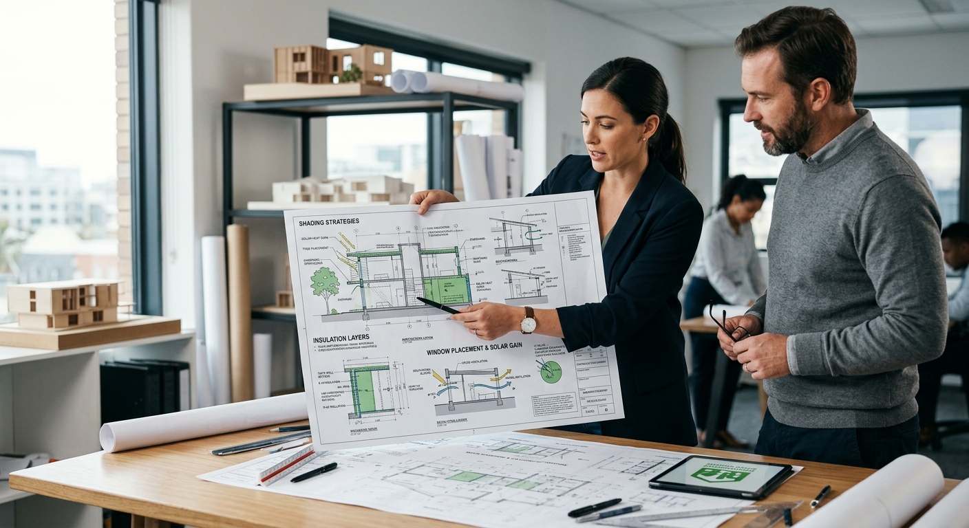 Architect using passive design energy efficiency strategies in building plans
