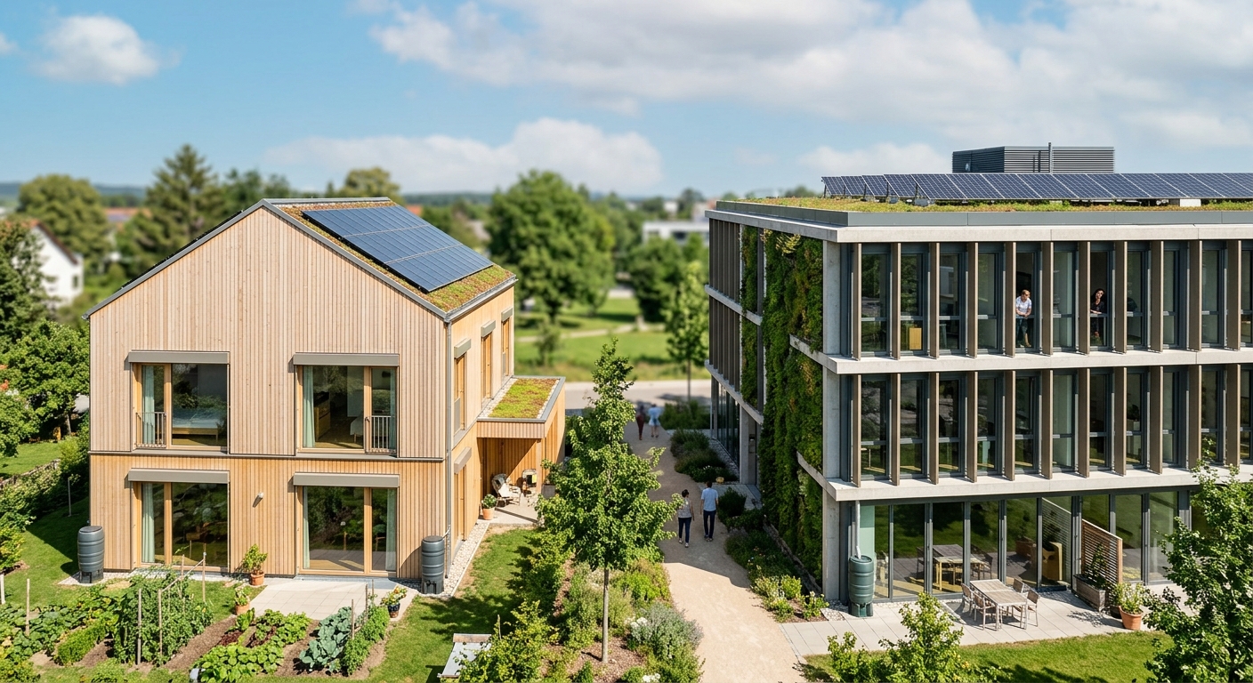 Comparison of residential and commercial buildings showing benefits of passive design energy efficiency