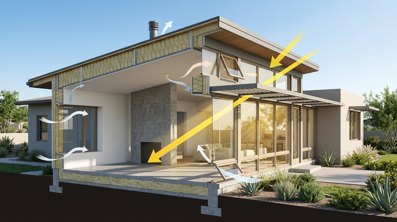 Diagram of key components of passive design energy efficiency including insulation and solar orientation