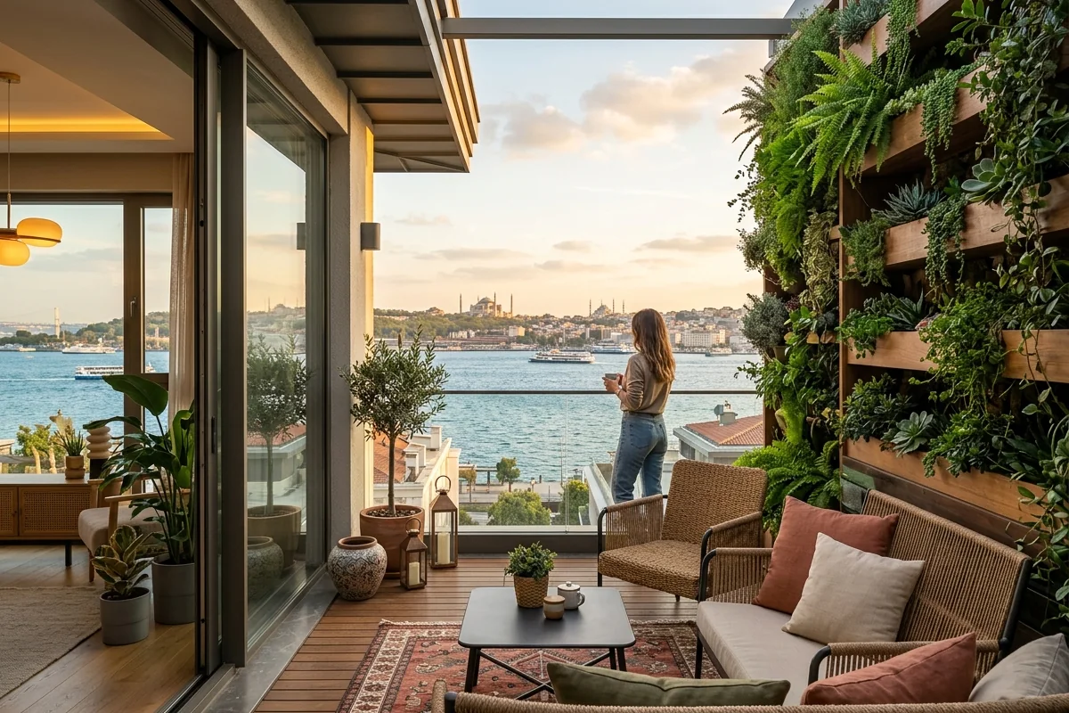Istanbul düşler vadisi home design biophilic terrace with Bosphorus view and indoor garden wall Istanbul düşler vadisi home design biophilic terrace with Bosphorus view and indoor garden wall