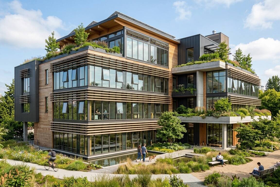 Modern building showcasing passive design energy efficiency with natural light and ventilation