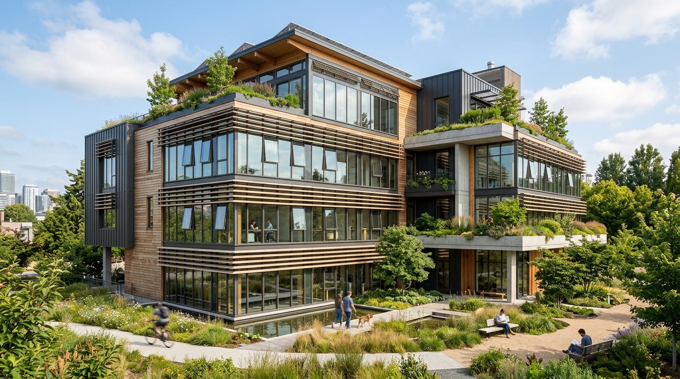 Modern building showcasing passive design energy efficiency with natural light and ventilation