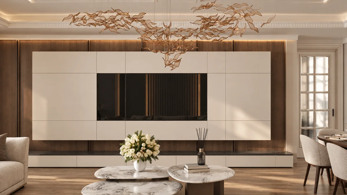 AD Flat living room with pale TV cabinetry, dark wall panels and marble-pattern coffee tables