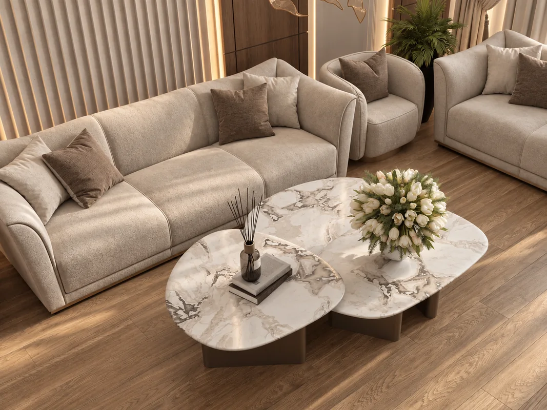 AD Flat living room detail showing curved upholstered seating and overlapping marble-pattern tables