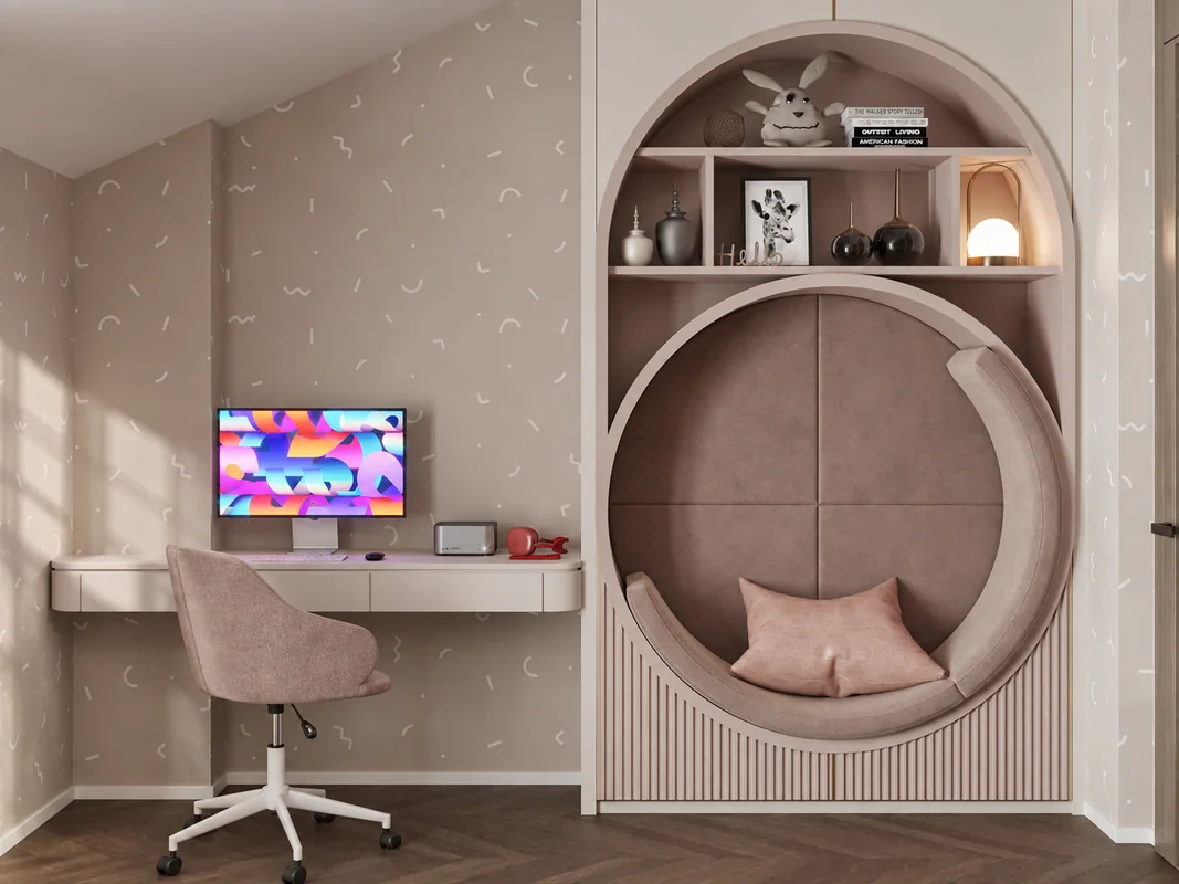 AD Flat children's room with a blush study desk and circular reading nook