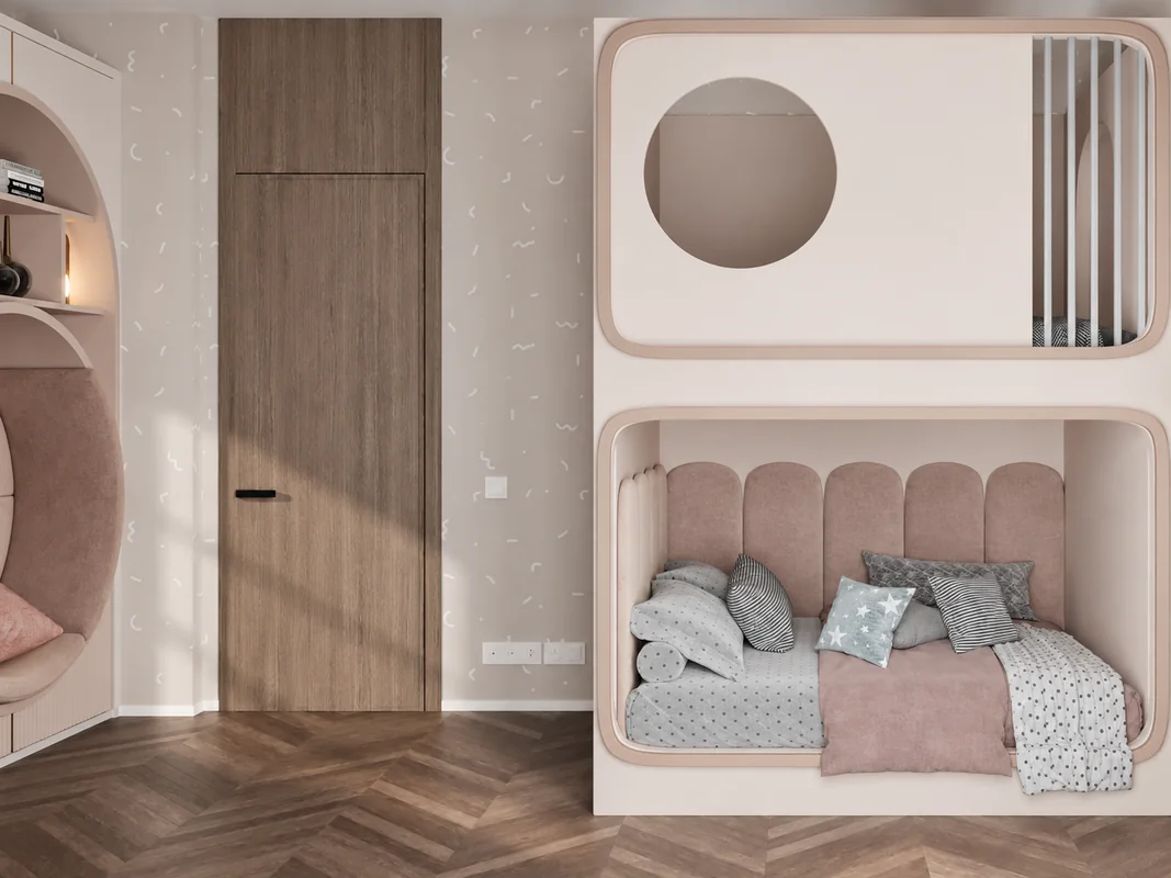 AD Flat children's room with a rounded bunk bed, blush upholstery and herringbone flooring