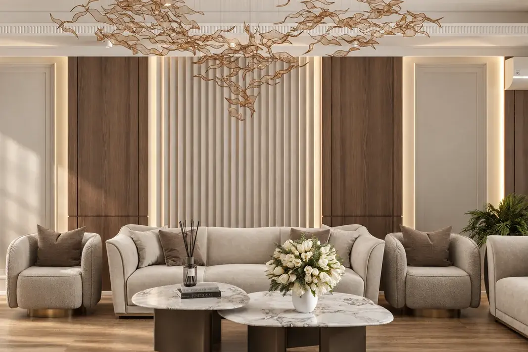 AD Flat living room with neutral seating, fluted wall panels and a sculptural leaf pendant