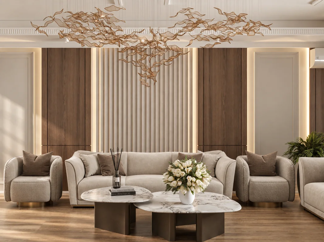 AD Flat living room with neutral seating, fluted wall panels and a sculptural leaf pendant