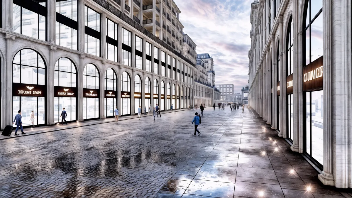 Pedestrian retail street and arched shopfronts at Meydan Kartal