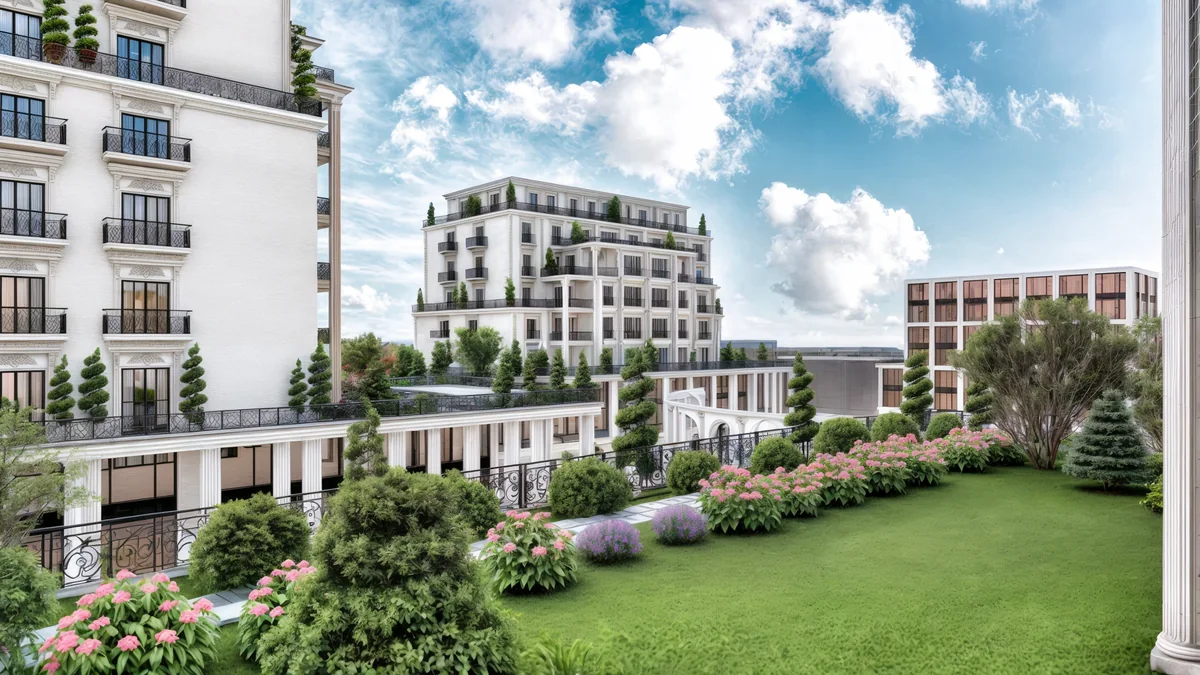 Landscaped roof terrace overlooking the arcades at Meydan Kartal