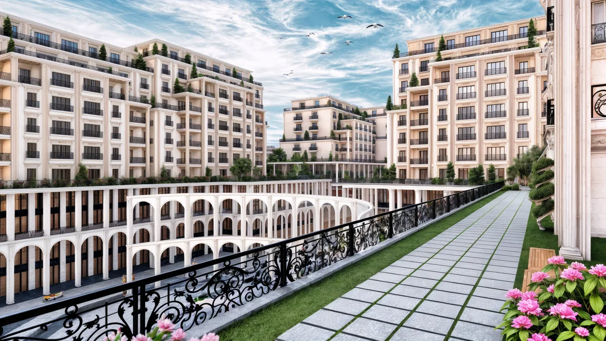 Terrace view of Meydan Kartal balconies, planted setbacks and arcades