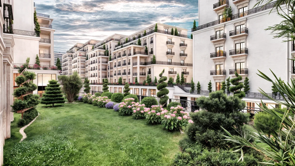Landscaped courtyard surrounded by Meydan Kartal residential blocks
